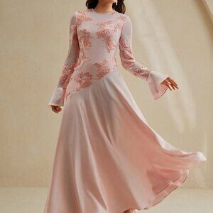 Pink Elegant Women's Floral Pattern Round Neck Fitted A-Line Mai Dress